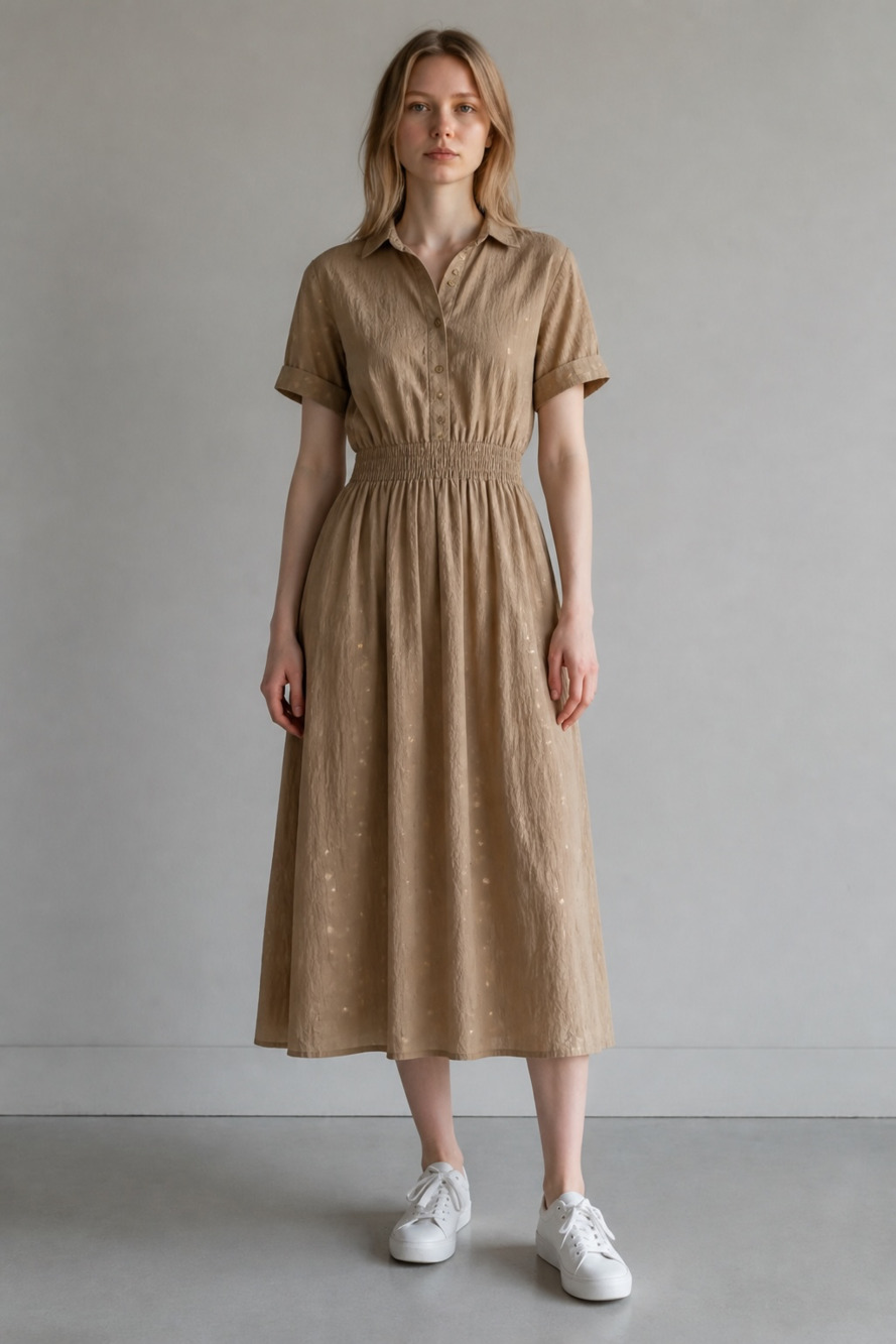 Alex & Parker Gold Polka Dot Midi Shirt Dress with Smocked Waist